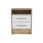 Goldoma Cartiz nightstand with two drawers in white and light oak finish beside a bed, minimalist bedroom storage