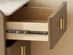 Beige leather narrow nightstand with drawers and stone top, perfect as a small bedside table