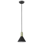 HMS Modern Crystal Conical Pendant Light in matte black and gold, hanging over a dining table in a modern living room.