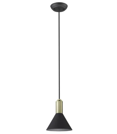 HMS Modern Crystal Conical Pendant Light in matte black and gold, hanging over a dining table in a modern living room.