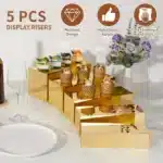 5Pcs Gold Acrylic Rectangular Display Risers Boxes Cake Decorating Supplies for Catering Dessert Buffet Table Weddings