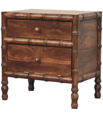 Solid wood bamboo nightstand with two drawers in roasted almond brown finish - classic storage piece for bedroom or living room