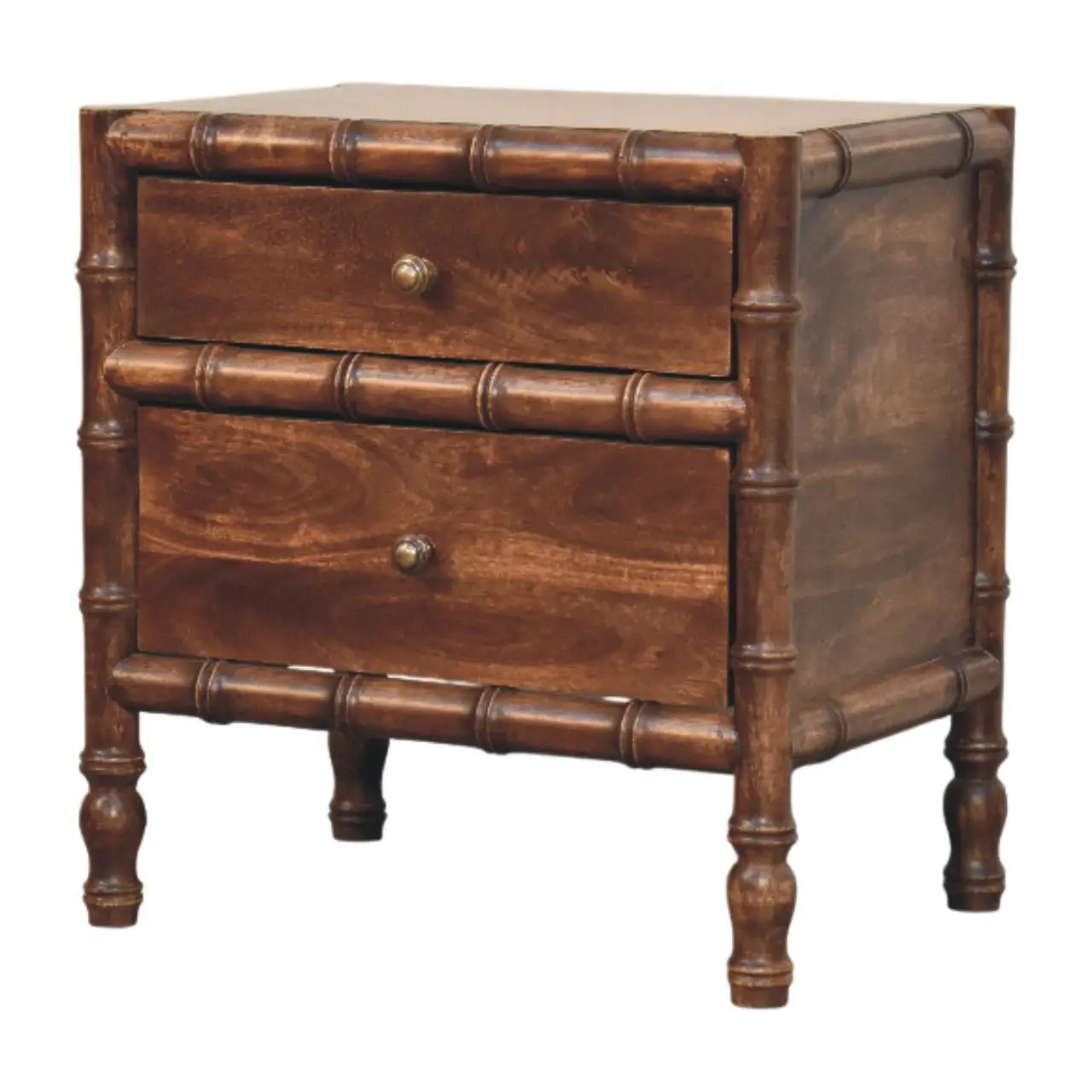 H27d24a69cf8149daacba6998ec9375f2J.webp Solid wood bamboo nightstand with two drawers in roasted almond brown finish - classic storage piece for bedroom or living room