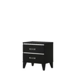 Modern black nightstand with drawers in a bedroom setting, featuring two spacious drawers and a sleek top surface