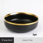 Gilt Rim Black Porcelain Dinner Plates Kitchen Dishes Ceramics Tableware Food Tray Rice Salad Noodles Bowl Cutlery Set – in