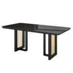 Modern 6-seater dining table with black MDF frame, gold legs, and tempered glass top in a contemporary dining room setting