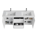 Top-down view of the double artificial stone sink with chrome faucets, set on the 72-inch bathroom vanity