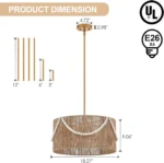 French Country Boho Chandelier, Rattan Hand Woven Drum Pendant Light with Wood Beads, Adjustable Coastal Pendant Lighting