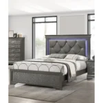 Goldoma dark gray faux leather tufted queen bed with LED lights, solid wood frame, modern bedroom