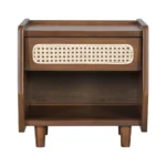 Walnut nightstand with rattan detail featuring a drawer and open shelf in a modern bedroom setting