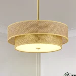 17.7 Inch Woven Rattan Linen Semi Flush Mount Ceiling Light Fixture, Modern Boho Drum Lamp, Farmhouse Gold Wicker Chandelier