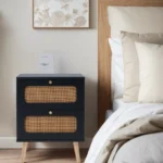 2-drawer rattan nightstand with handwoven rattan drawers in minimalist black finish - Goldoma