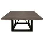 Goldoma 60-inch solid wood square dining table with dark brown distressed top and black iron legs in a rustic dining room