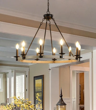 32-inch rustic farmhouse 10-light candle chandelier in black metal and wood, hanging over a dining table in a cozy room