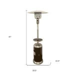 Goldoma 48000 BTU patio heater illuminating a party setting with people gathered around at dusk