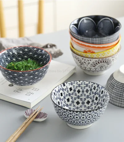 4 Pcs/set 4.5 Inch Rice Bowl Ceramic Tableware Thread Underglaze Color Support Oven and Dishwasher