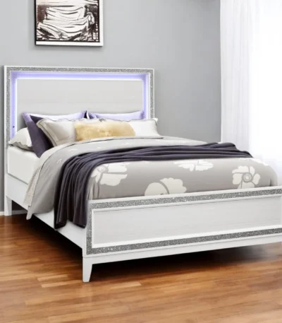 Goldoma LED crystal king bed frame with white wood and faux diamond accents