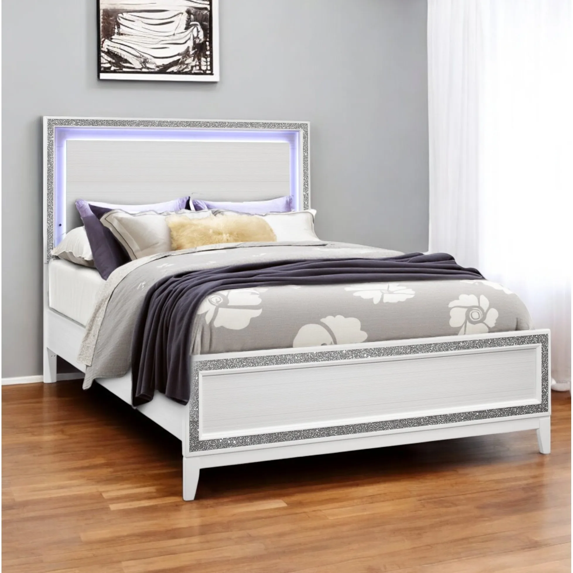 Goldoma White Wood & LED Crystal King Bed Frame with Faux Diamond Accents Goldoma White Wood & LED Crystal King Bed Frame with Faux Diamond Accents