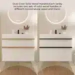 Floating bathroom vanity with sink, 36 inch, installed in a contemporary bathroom with mirror and lighting.