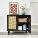 Side Panel Buffet Cabinet with Natural Rattan Door, Rattan Storage Cabinet with Adjustable Shelves - Image 5