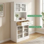 Modern White Wooden Tall Kitchen Hutch Sideboards Cabinet with Glass Doors Drawer Open Appliance Counter Coffee Bar Cabinet