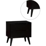 Mid century modern black nightstand with two drawers and round tapered legs, solid wood construction for bedroom storage