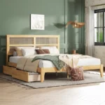 King size bed with storage drawers and rattan headboard - Goldoma modern farmhouse design