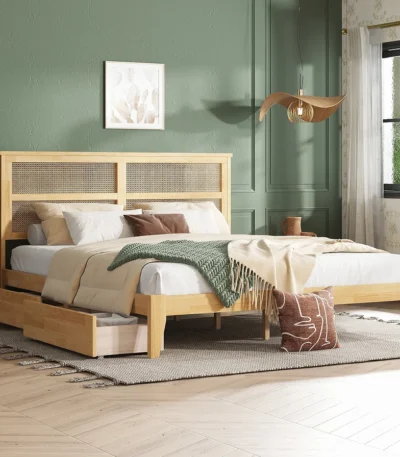 King size bed with storage drawers and rattan headboard - Goldoma modern farmhouse design