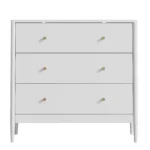 Modern white 3 drawer dresser with gold-tone knobs and lacquer finish in a bedroom setting