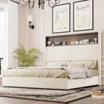 Goldoma velvet tufted queen bed frame with 52-inch lighted headboard and built-in USB charging port in a modern bedroom setting