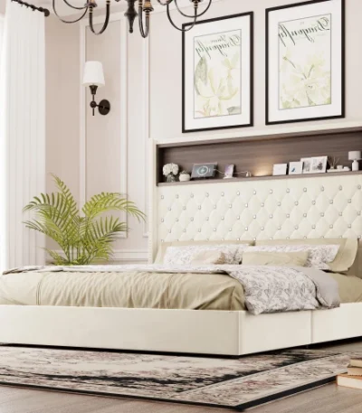 Goldoma velvet tufted queen bed frame with 52-inch lighted headboard and built-in USB charging port in a modern bedroom setting