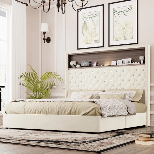 H29da097e2e0f436f8842ae8ea9374941P.webp Goldoma velvet tufted queen bed frame with 52-inch lighted headboard and built-in USB charging port in a modern bedroom setting