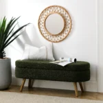 Green oval storage ottoman bench with rubber wood legs and lid open showing interior storage space