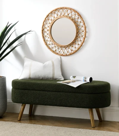 Green oval storage ottoman bench with rubber wood legs and lid open showing interior storage space