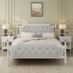Goldoma queen bed frame with tufted headboard in solid oak wood and velvet upholstery