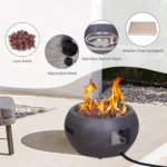 Propane fire pit table with corten steel base and concrete top on a patio