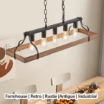 34 Inch Black and Walnut Wood Grain Pendant Light,5 E26 Bulb Sockets, Adjustable Chain Height,Modern Farmhouse Chandelier