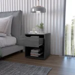 Light gray nightstand with drawer and open shelf in a modern bedroom setting
