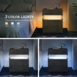 Gray 3 drawer nightstand with LED lighting and acrylic board top in a modern bedroom