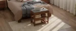 Mid-century shoe storage bench with memory foam cushion and hidden drawer in natural wood finish