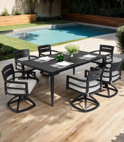 7-piece outdoor aluminum dining set with 6 swivel rockers and rectangular table with umbrella hole on a patio