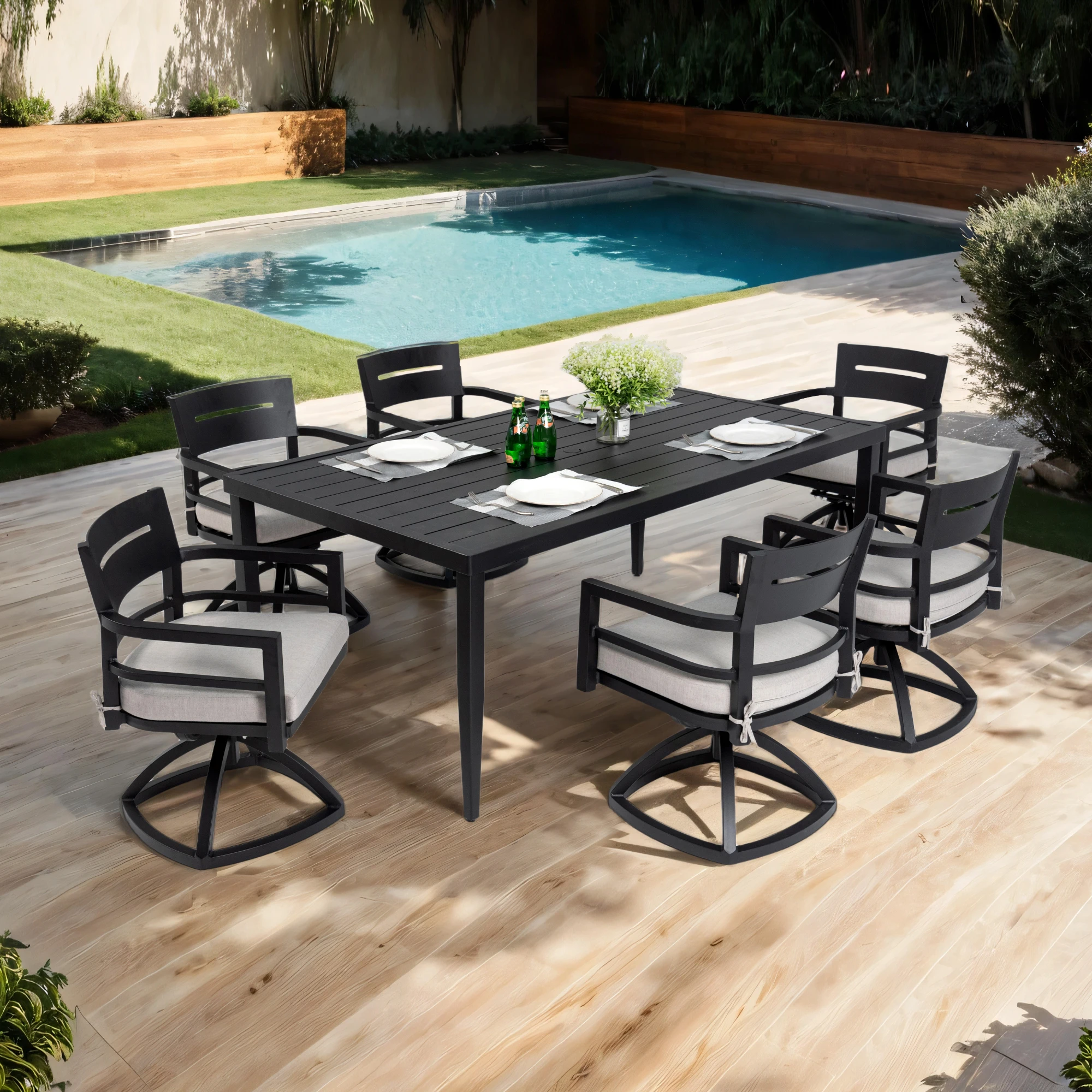 7-piece outdoor dining set with aluminum frame and swivel rockers on a patio