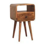 Solid oak mini nightstand with drawer and open shelf in brown finish, perfect for small bedrooms