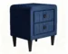 Navy blue bedside table with velvet finish and two drawers in a modern bedroom setting
