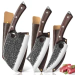 Sharp chef knife set with three forged stainless steel knives and wooden handles on a cutting board