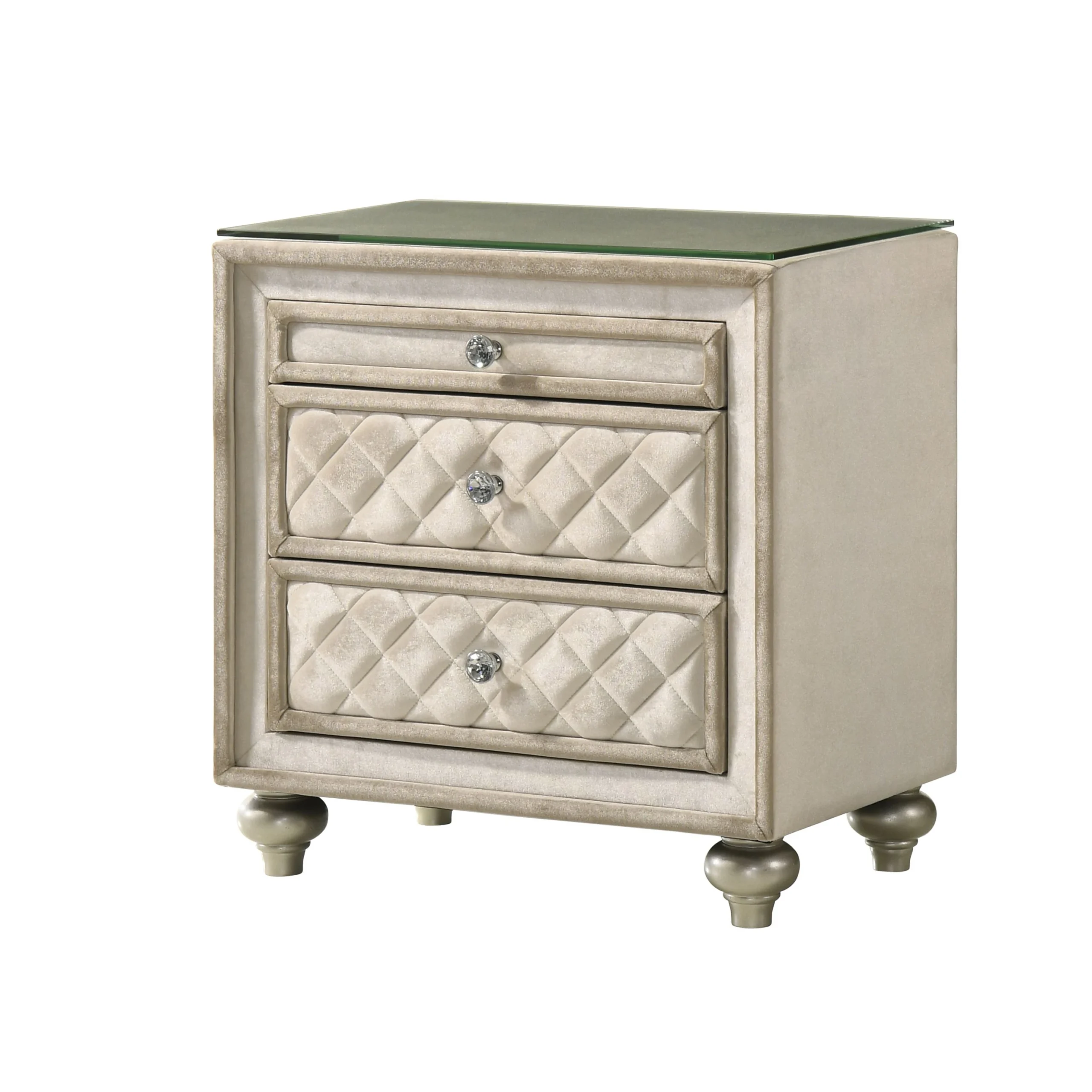 Goldoma Beige 2-Drawer Nightstand with Quilted Design and Glass Top