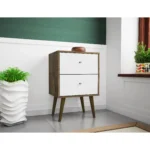 Mid century modern nightstand with 2 drawers in rustic brown and white finish for bedroom storage