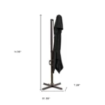 Black polyester cantilever patio umbrella stand in garden setting