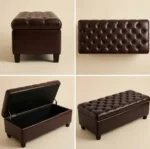 Goldoma dark brown leather storage ottoman bench in living room with pillows