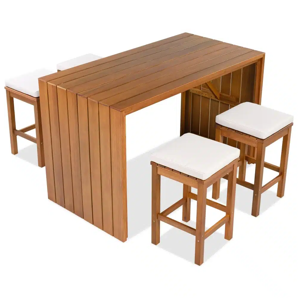 5-Piece Outdoor Bar Set with Acacia Wood Table and Cushioned Stools